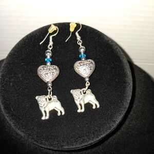 Pug Heart Blue Bead Dangle Earrings